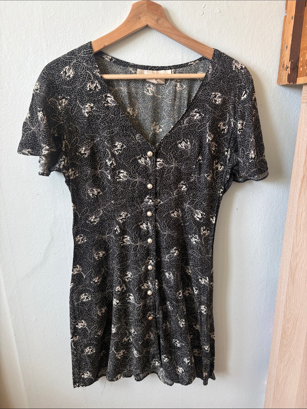 Black Button-Front Mini Dress with Cream Floral Print